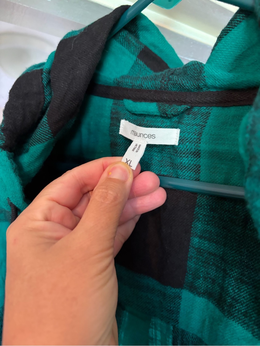 Maurices Green and Black Plaid Button-Down Hooded Shirt - Picture 2 of 3